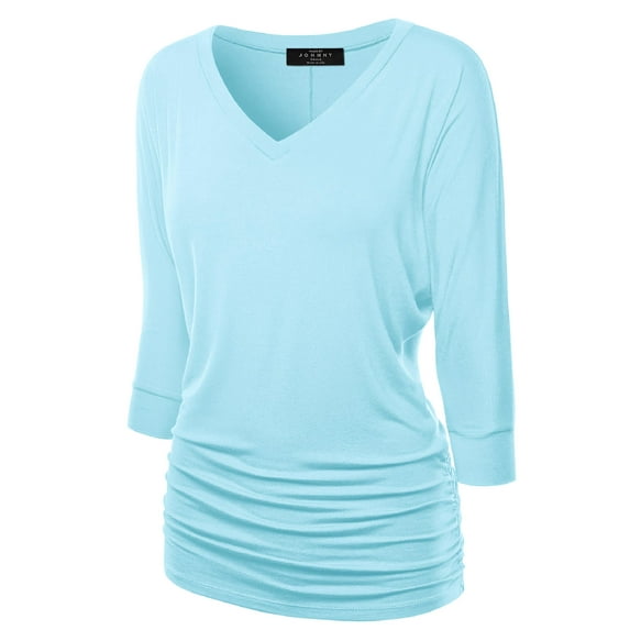 Made by Johnny Women's V-Neck 3/4 Sleeve Dolman Top with Side Shirring XL AQUA