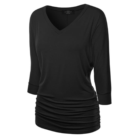 Made by Johnny Women's V-Neck 3/4 Sleeve Dolman Top with Side Shirring XL BLACK