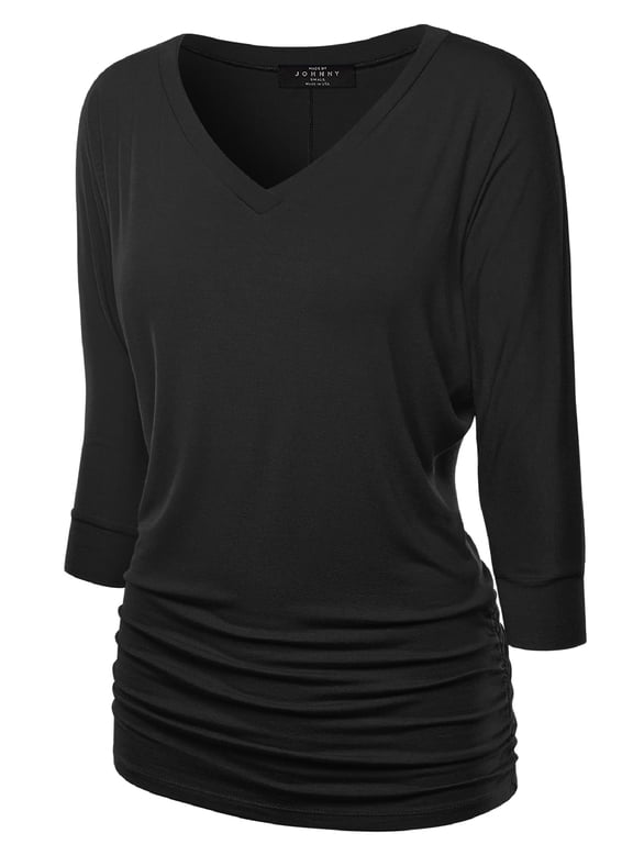 Women's V-Neck 3/4 Sleeve Dolman Top with Side Shirring XL BLACK