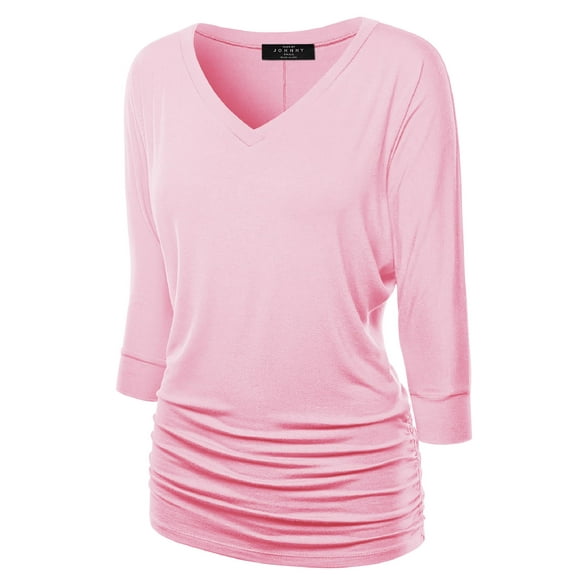 Made by Johnny Women's V-Neck 3/4 Sleeve Dolman Top with Side Shirring XS PINK