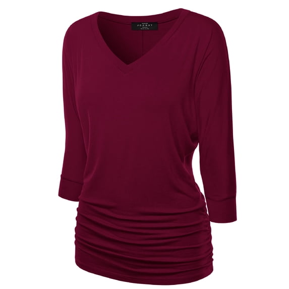Made by Johnny Women's V-Neck 3/4 Sleeve Dolman Top with Side Shirring XXXXXL WINE
