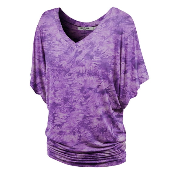 Made by Johnny Women's V-Neck Short Sleeve Tie Dye Drape Dolman Top L PURPLE