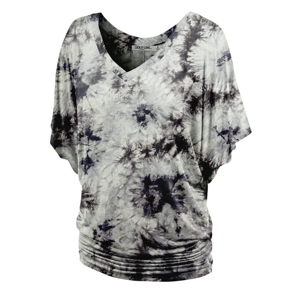 Made by Johnny Women's V-Neck Short Sleeve Tie Dye Drape Dolman Top L WHITE_BLACK