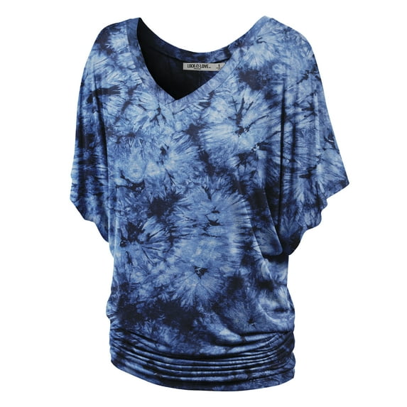 Made by Johnny Women's V-Neck Short Sleeve Tie Dye Drape Dolman Top M NAVY