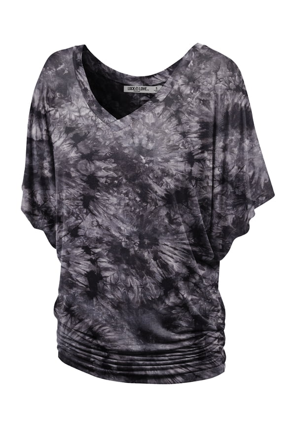 Women's V-Neck Short Sleeve Tie Dye Drape Dolman Top XL BLACK