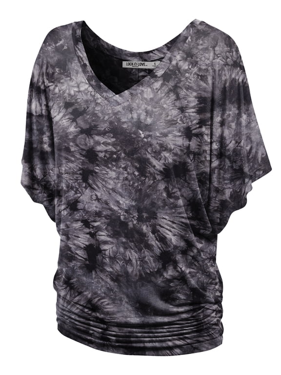 Women's V-Neck Short Sleeve Tie Dye Drape Dolman Top XXL BLACK