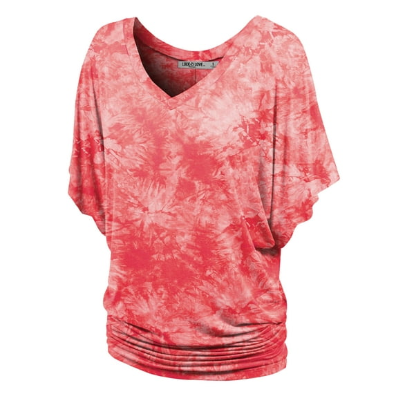 Made by Johnny Women's V-Neck Short Sleeve Tie Dye Drape Dolman Top XXL CORAL