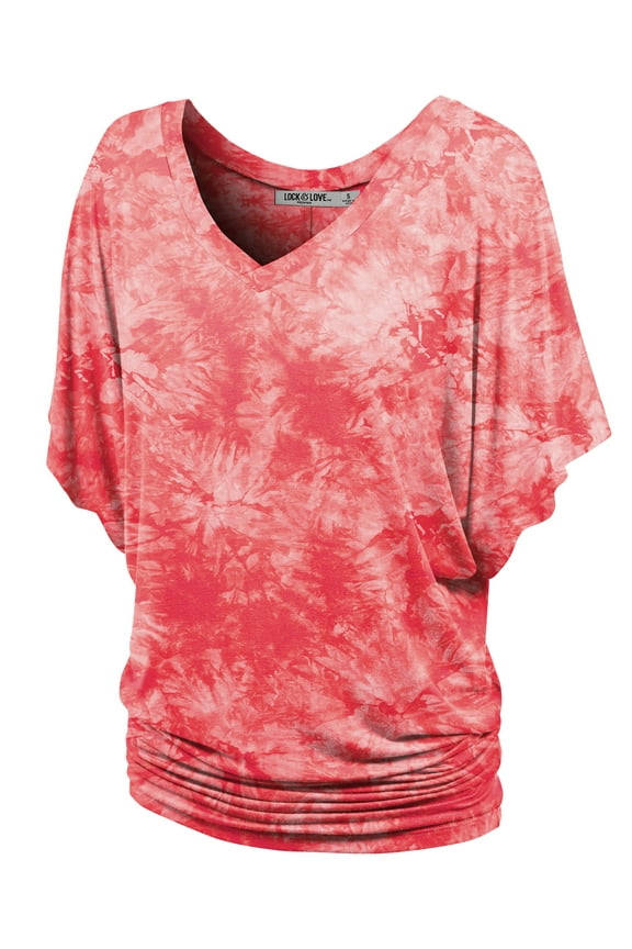 Women's V-Neck Short Sleeve Tie Dye Drape Dolman Top XXL CORAL
