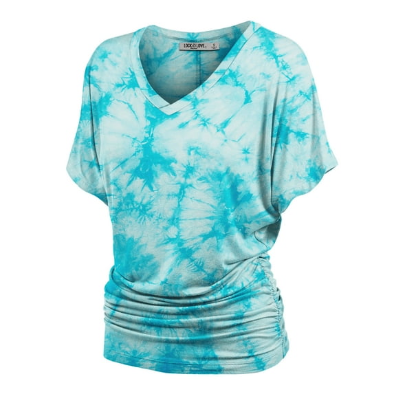 Made by Johnny Women's V-Neck Short Sleeve Tie Dye Shirring Dolman Top L AQUA