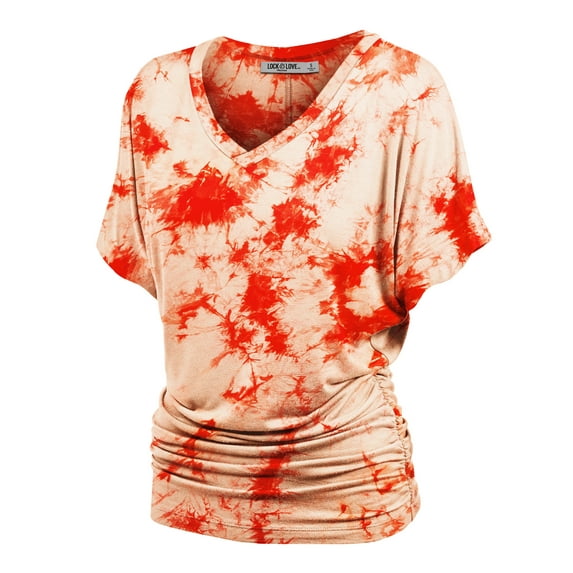 Made by Johnny Women's V-Neck Short Sleeve Tie Dye Shirring Dolman Top S WHITE_CORAL