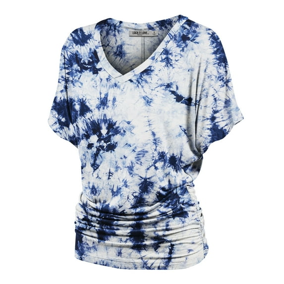 Made by Johnny Women's V-Neck Short Sleeve Tie Dye Shirring Dolman Top XXL WHITE_NAVY