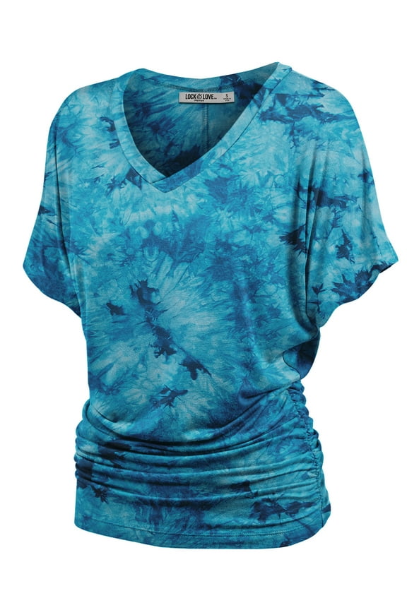 Women's V-Neck Short Sleeve Tie Dye Shirring Dolman Top XXXL TEAL