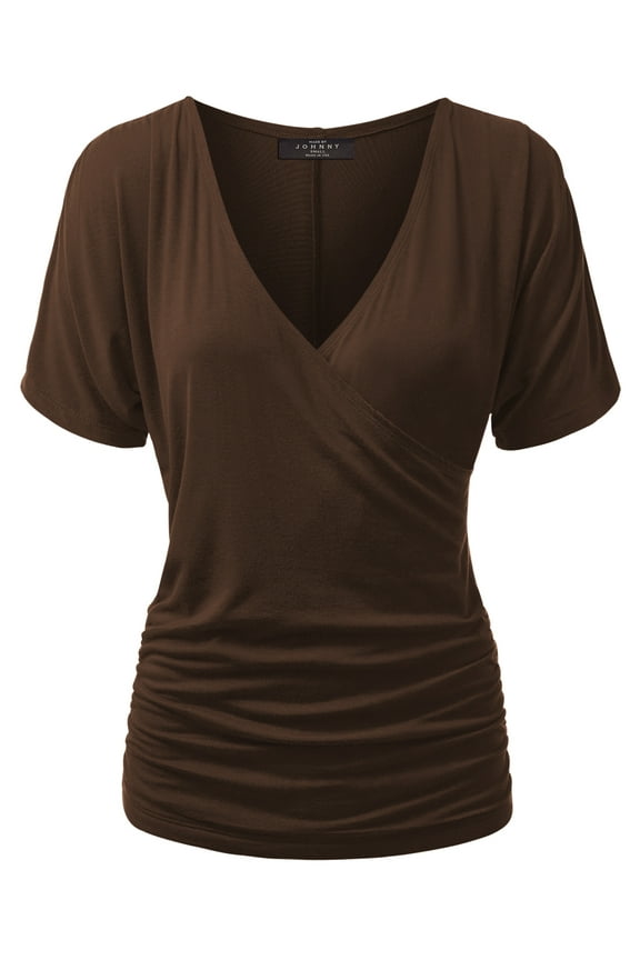 Women's V Neck Short Sleeve Wrap Front Drape Dolman Top L BROWN