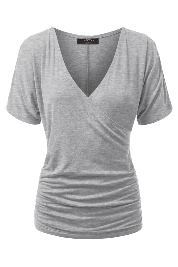 Women's V Neck Short Sleeve Wrap Front Drape Dolman Top L HEATHER_GREY