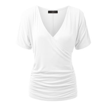 Made by Johnny Women's V Neck Short Sleeve Wrap Front Drape Dolman Top L WHITE