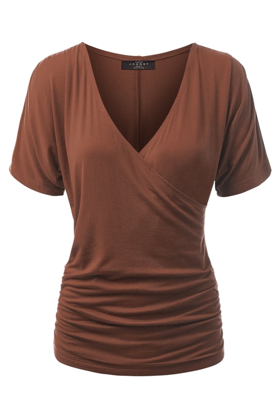 Women's V Neck Short Sleeve Wrap Front Drape Dolman Top M RUST