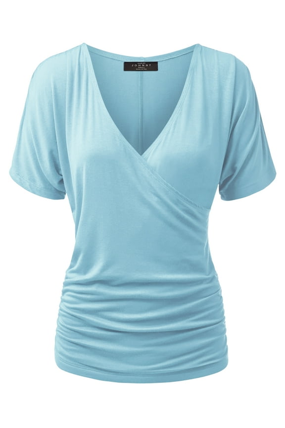 Women's V Neck Short Sleeve Wrap Front Drape Dolman Top S AQUA