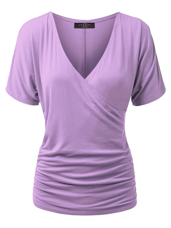 Women's V Neck Short Sleeve Wrap Front Drape Dolman Top S LILAC