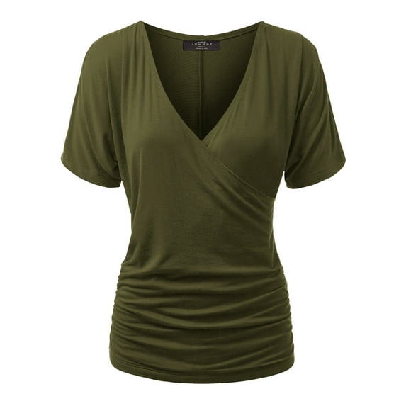 Made by Johnny Women's V Neck Short Sleeve Wrap Front Drape Dolman Top S OLIVE