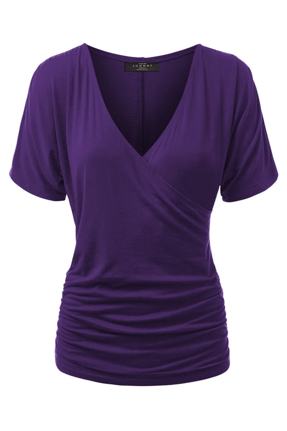 Women's V Neck Short Sleeve Wrap Front Drape Dolman Top XL DARK_PURPLE