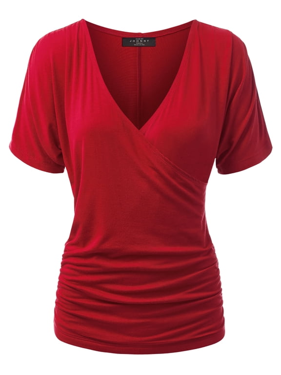 Women's V Neck Short Sleeve Wrap Front Drape Dolman Top XL RED