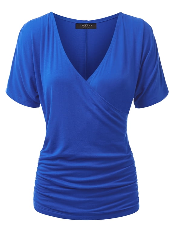 Women's V Neck Short Sleeve Wrap Front Drape Dolman Top XL ROYAL_BRITE