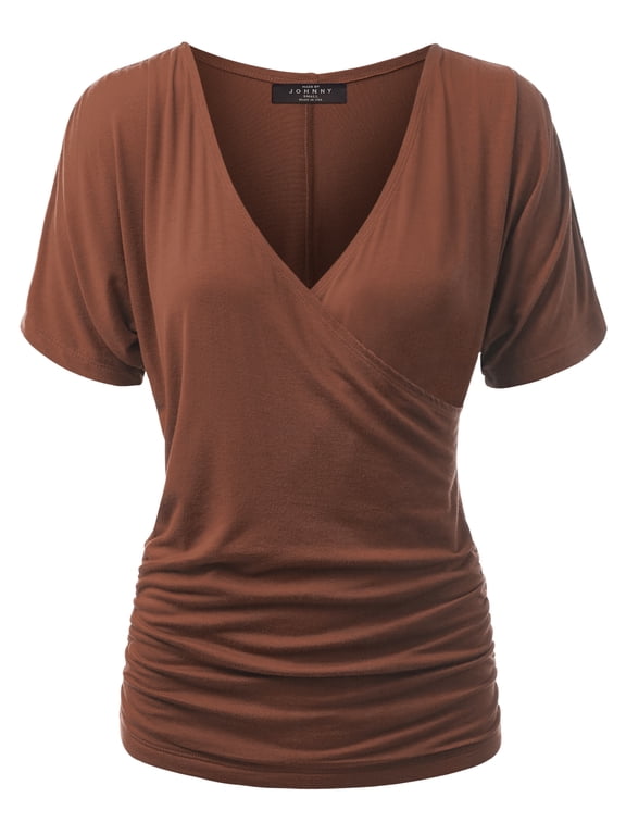 Women's V Neck Short Sleeve Wrap Front Drape Dolman Top XL RUST