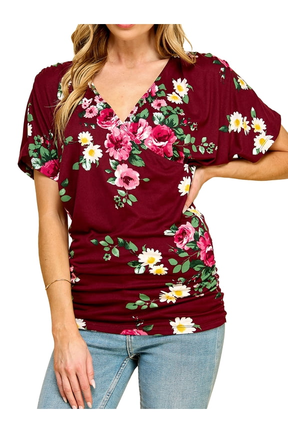 Women's V Neck Short Sleeve Wrap Front Drape Dolman Top XL WINE_FLORAL