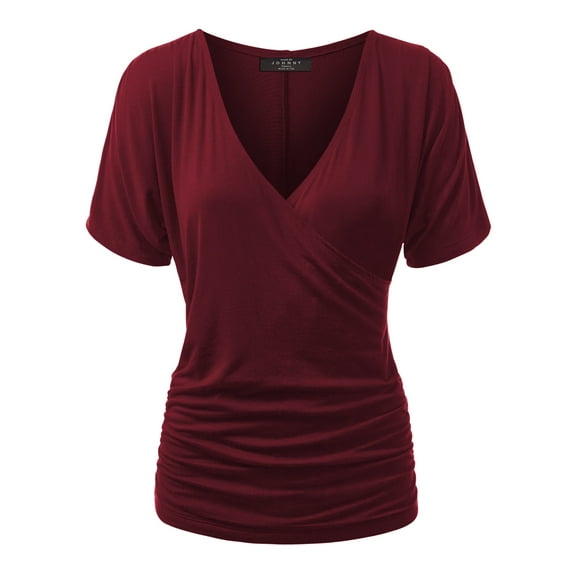 Made by Johnny Women's V Neck Short Sleeve Wrap Front Drape Dolman Top XL WINE