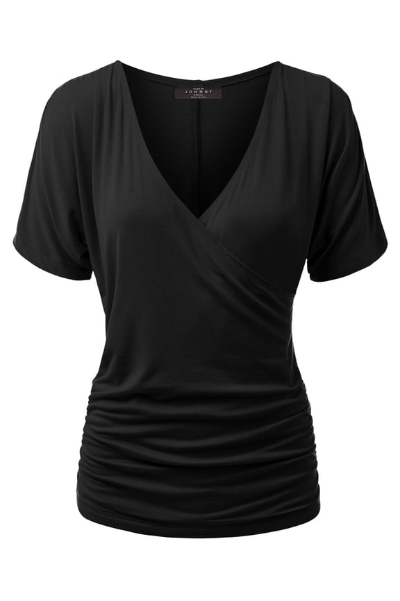 Women's V Neck Short Sleeve Wrap Front Drape Dolman Top XXL BLACK