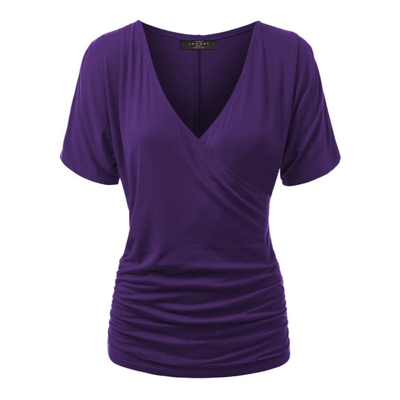 Made by Johnny Women's V Neck Short Sleeve Wrap Front Drape Dolman Top XXL DARK_PURPLE