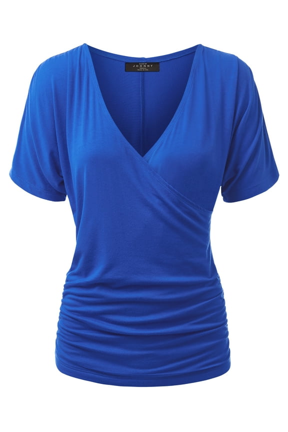 Women's V Neck Short Sleeve Wrap Front Drape Dolman Top XXL ROYAL_BRITE