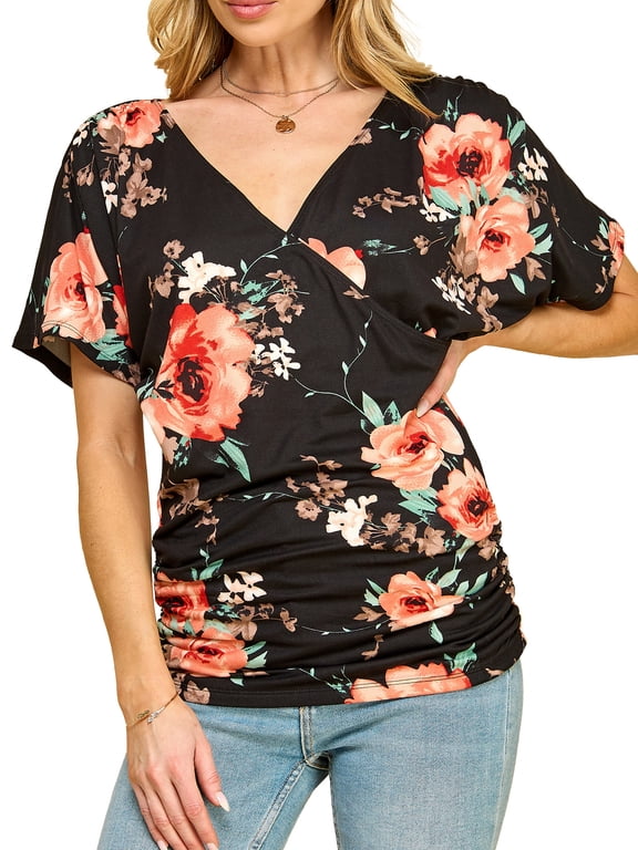 Women's V Neck Short Sleeve Wrap Front Drape Dolman Top XXXL BLACK_FLORAL