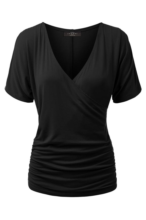 Women's V Neck Short Sleeve Wrap Front Drape Dolman Top XXXL BLACK