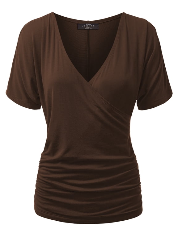 Women's V Neck Short Sleeve Wrap Front Drape Dolman Top XXXL BROWN