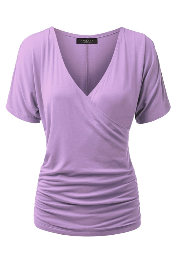 Women's V Neck Short Sleeve Wrap Front Drape Dolman Top XXXL LILAC