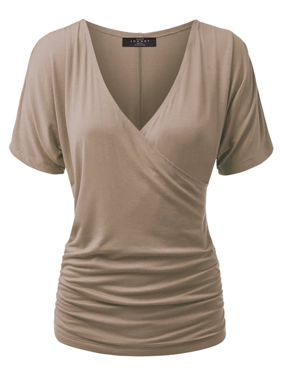 Women's V Neck Short Sleeve Wrap Front Drape Dolman Top XXXL TAUPE