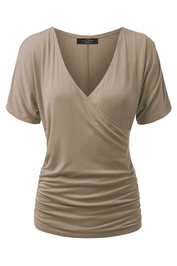 Women's V Neck Short Sleeve Wrap Front Drape Dolman Top XXXL TAUPE