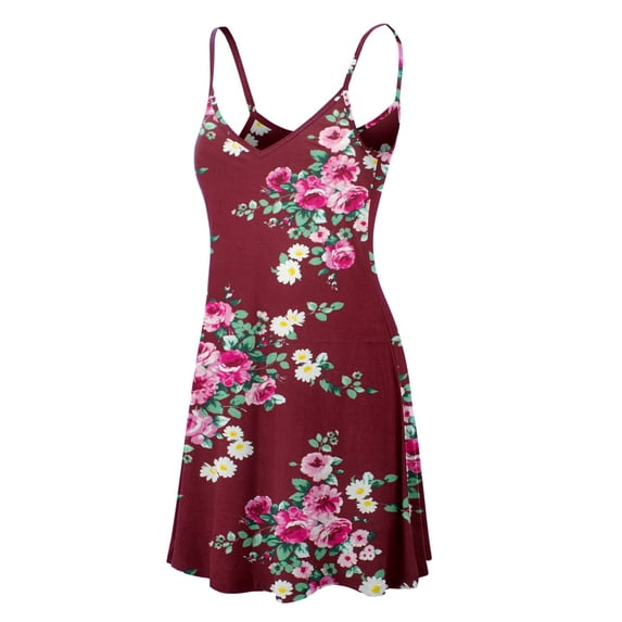 Made by Johnny Women's V-Neck Spaghetti Strap Tunic Short Dress S WINE_FLORAL