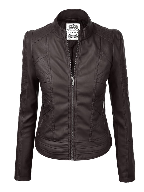 Women's Vegan Leather Motorcycle Jacket M COFFEE