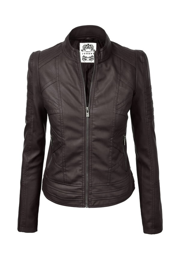 Women's Vegan Leather Motorcycle Jacket M COFFEE