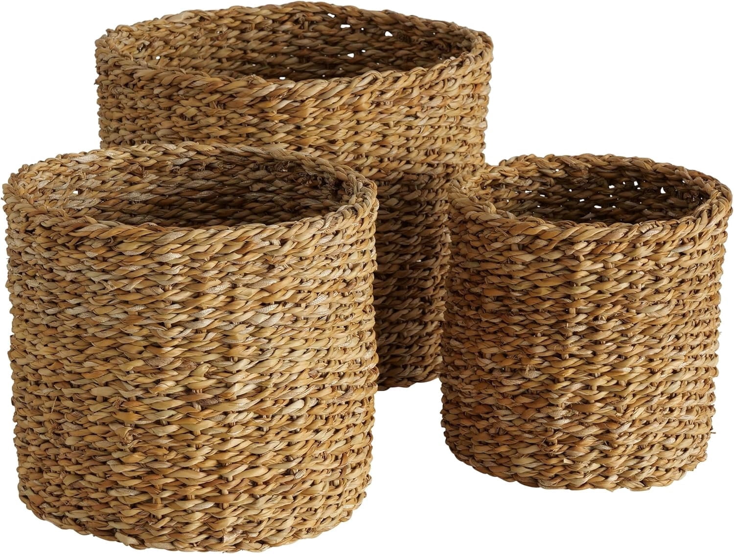 Wicker Plant Baskets, Round, Chunky Sweater Weave, Set of 3, Natural