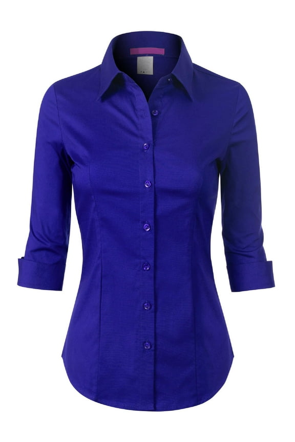 3/4 Sleeve Button Down Collared Slim Blouse (Women's) 1 Pack