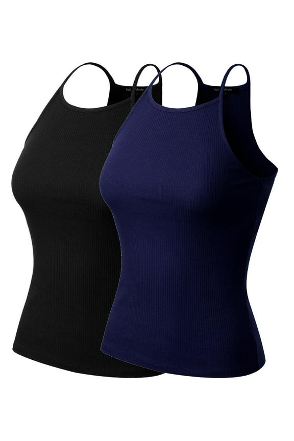 Women's 2-Pack Basic High Halter Neck Sleeveless Ribbed Racerback Tank Top