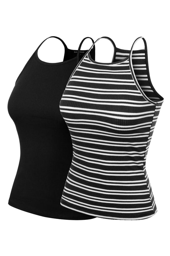 Women's 2-Pack Basic High Halter Neck Sleeveless Ribbed Racerback Tank Top