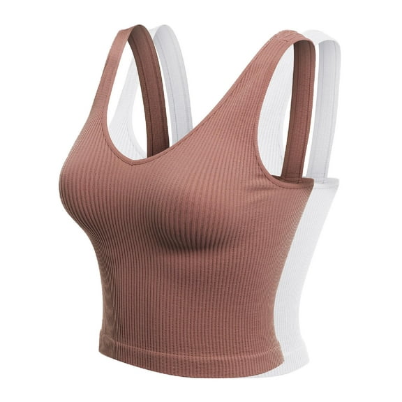 Made by Olivia Women's 2-Pack Four-way Stretch V-Neck Ribbed Seamless Crop Top -Made in USA