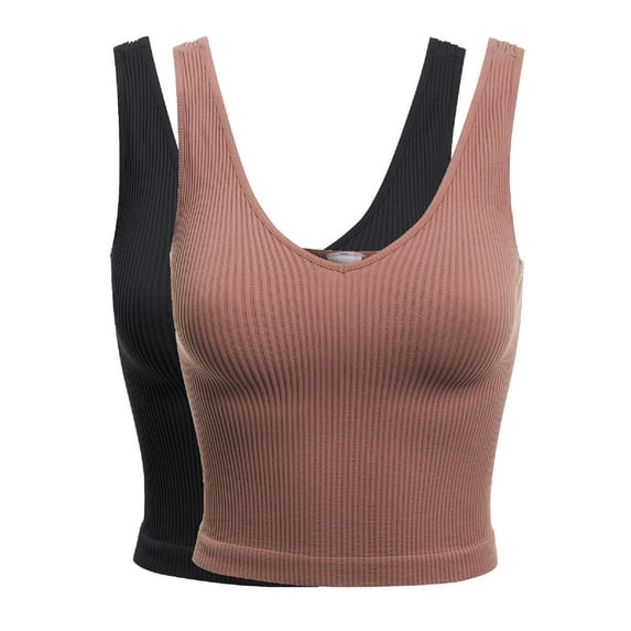 Made by Olivia Women's 2-Pack Four-way Stretch V-Neck Ribbed Seamless Crop Top -Made in USA