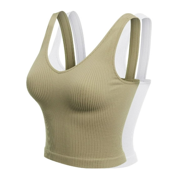 Made by Olivia Women's 2-Pack Four-way Stretch V-Neck Ribbed Seamless Crop Top -Made in USA