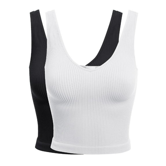 Made by Olivia Women's 2-Pack Four-way Stretch V-Neck Ribbed Seamless Crop Top -Made in USA