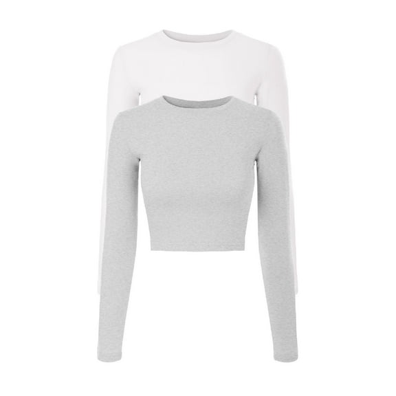 Made by Olivia Women's 2-Pack Solid Long Sleeve Round Neck Crop T Shirt Top